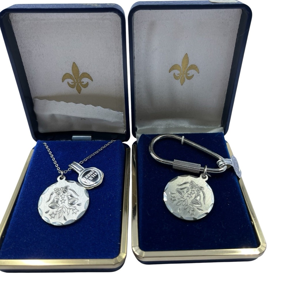 Vintage Revere Pewter Wedding Bell Necklace Keychain Set Engraved Pendents Boxed
